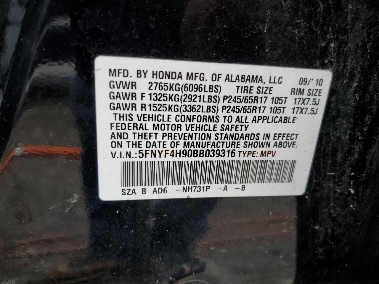 2011 Honda Pilot Touring VIN: 5FNYF4H90BB039316 Lot: 54953474