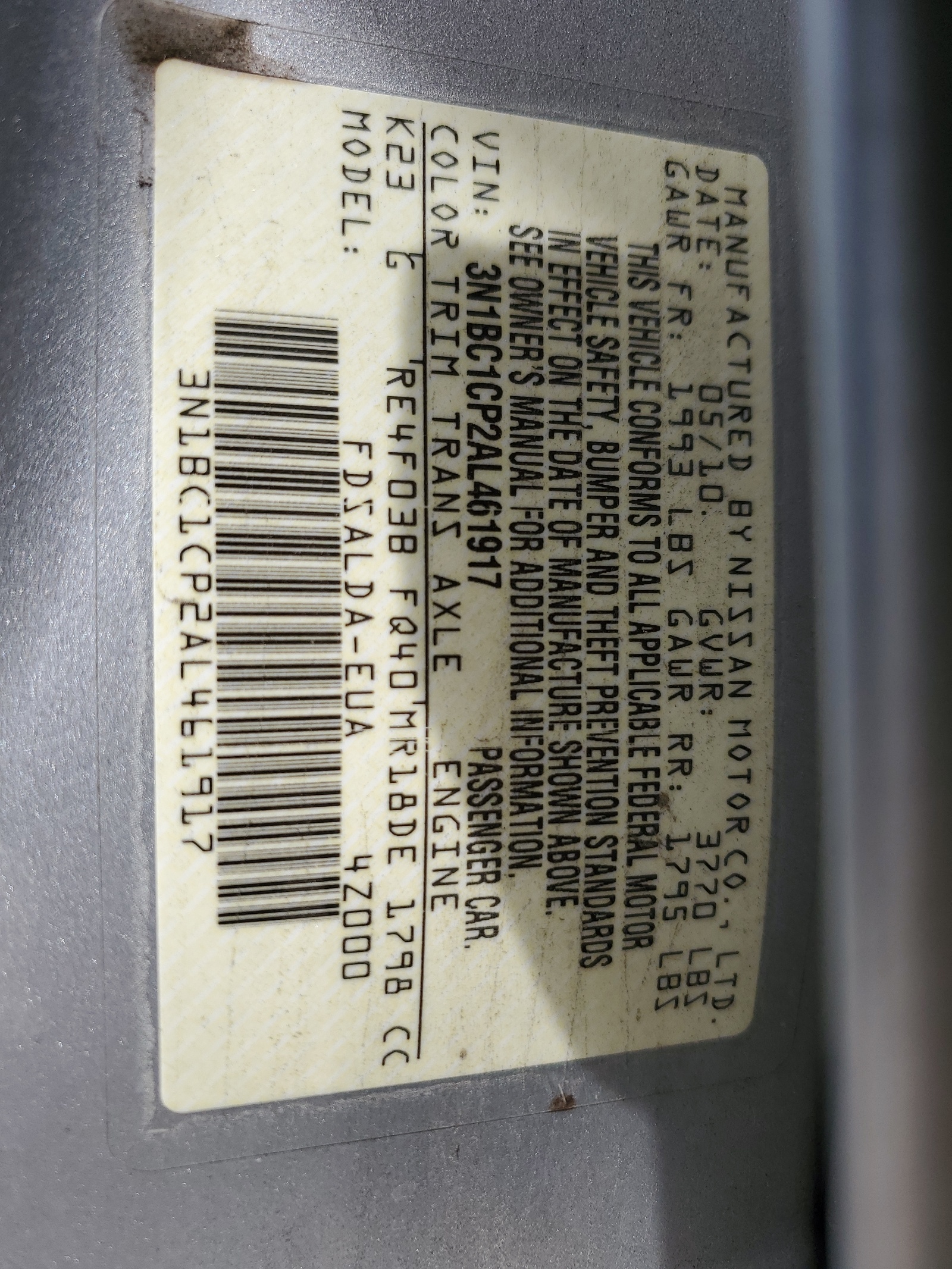 3N1BC1CP2AL461917 2010 Nissan Versa S