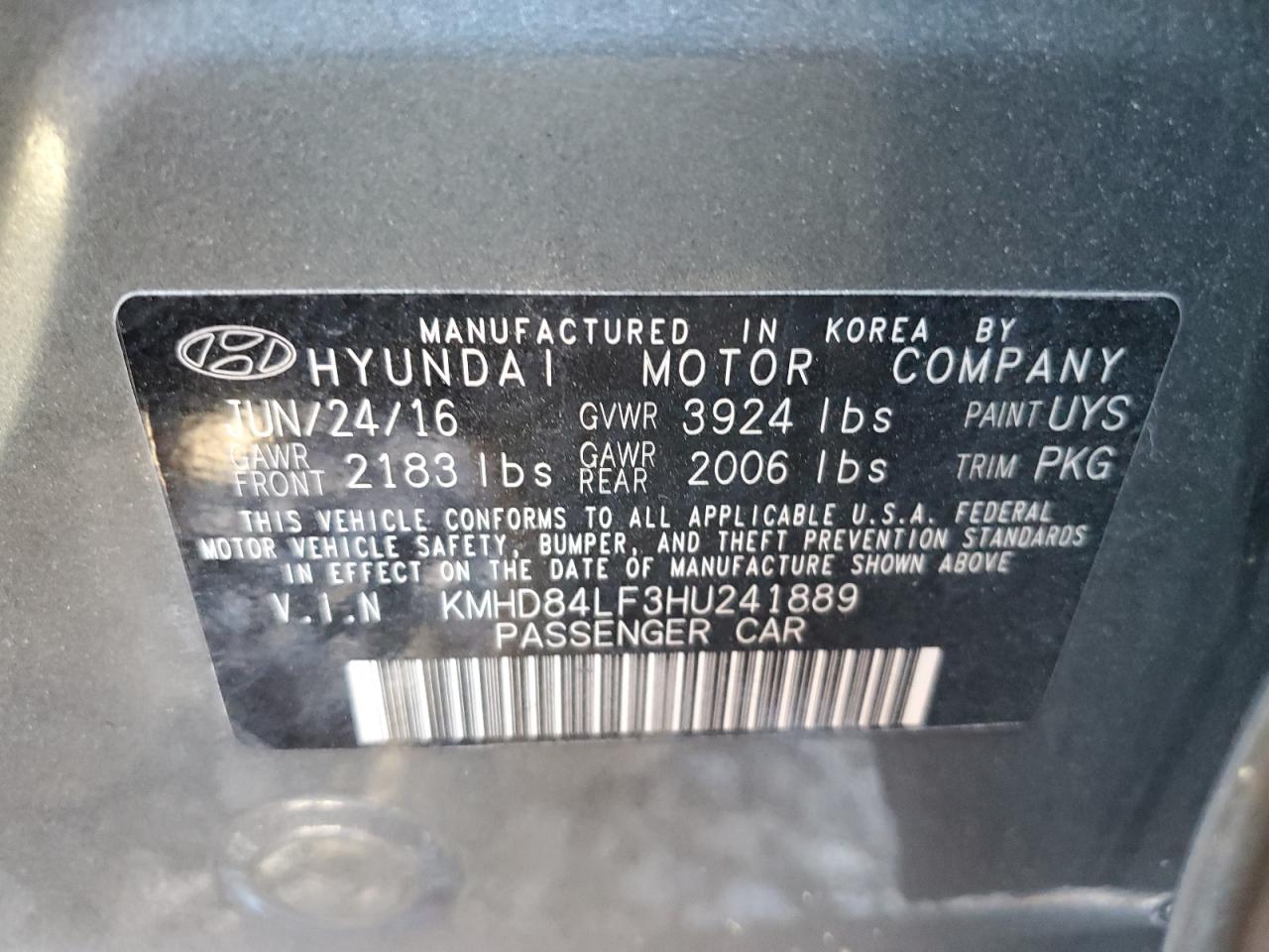 KMHD84LF3HU241889 2017 Hyundai Elantra Se