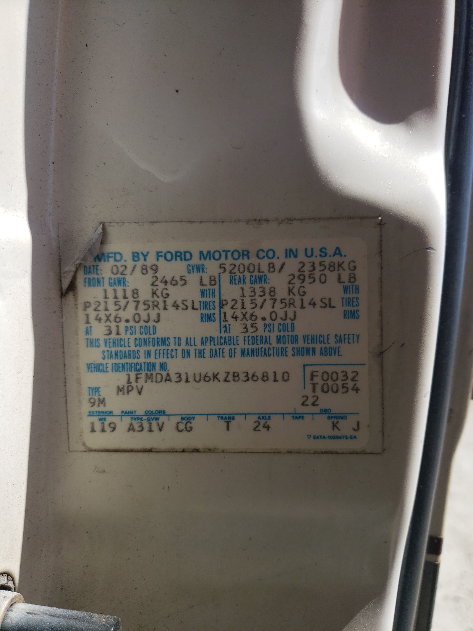 1FMDA31U6KZB36810 1989 Ford Aerostar