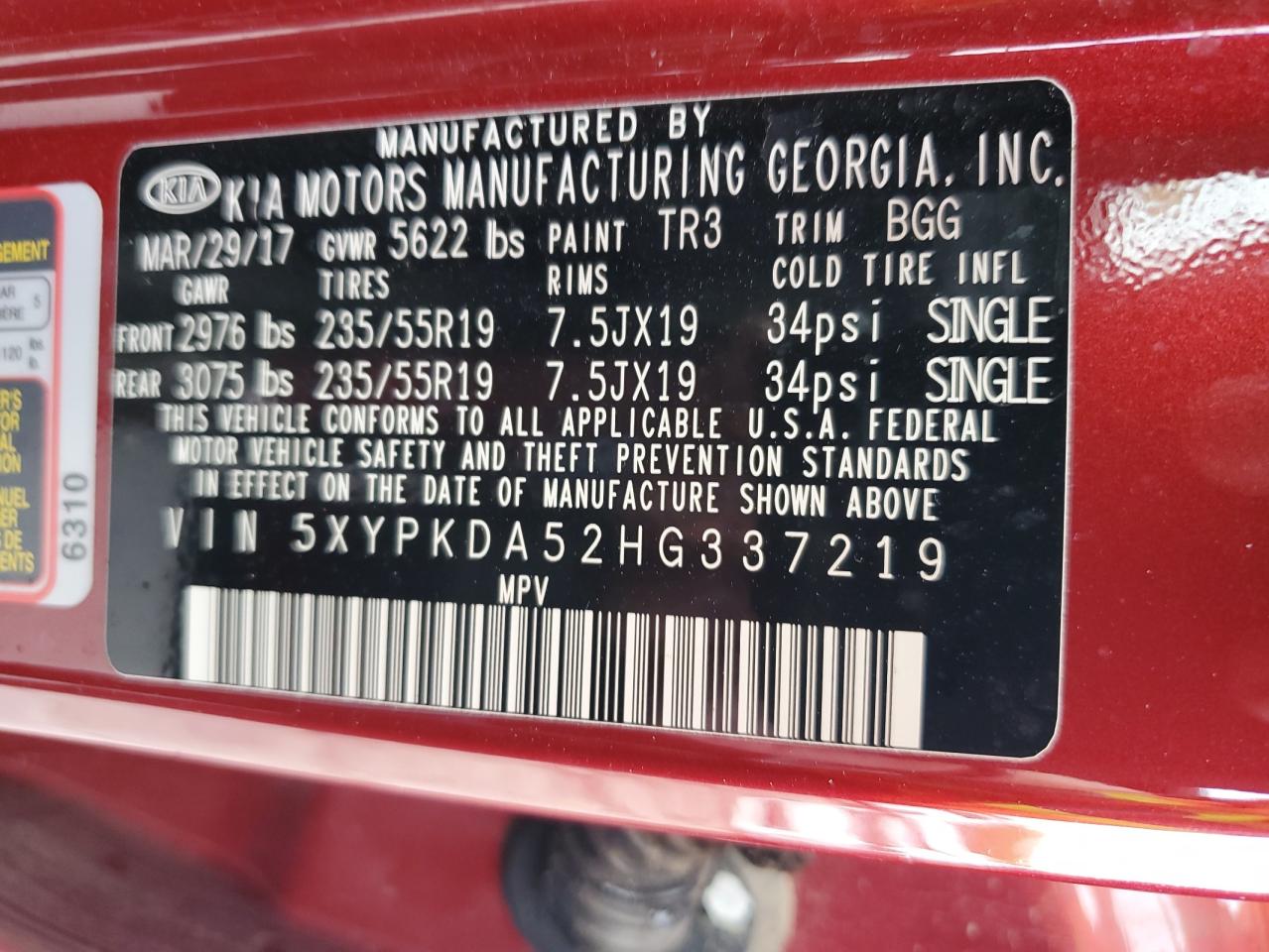 2017 Kia Sorento Sx VIN: 5XYPKDA52HG337219 Lot: 55196244