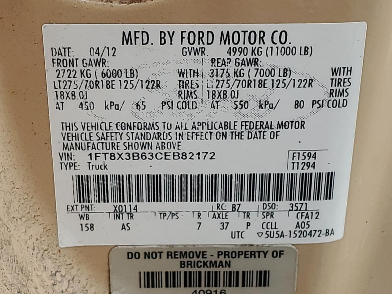 2012 Ford F350 Super Duty VIN: 1FT8X3B63CEB82172 Lot: 53747474