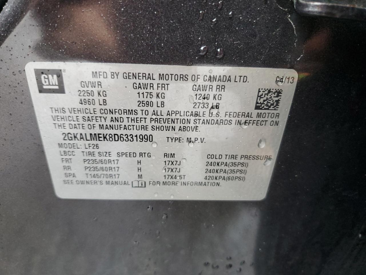 2013 GMC Terrain Sle VIN: 2GKALMEK8D6331990 Lot: 54731054