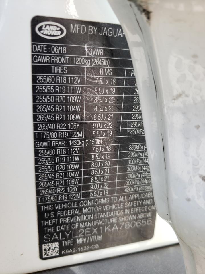 2019 Land Rover Range Rover Velar R-Dynamic Se VIN: SALYL2EX1KA780656 Lot: 55381454