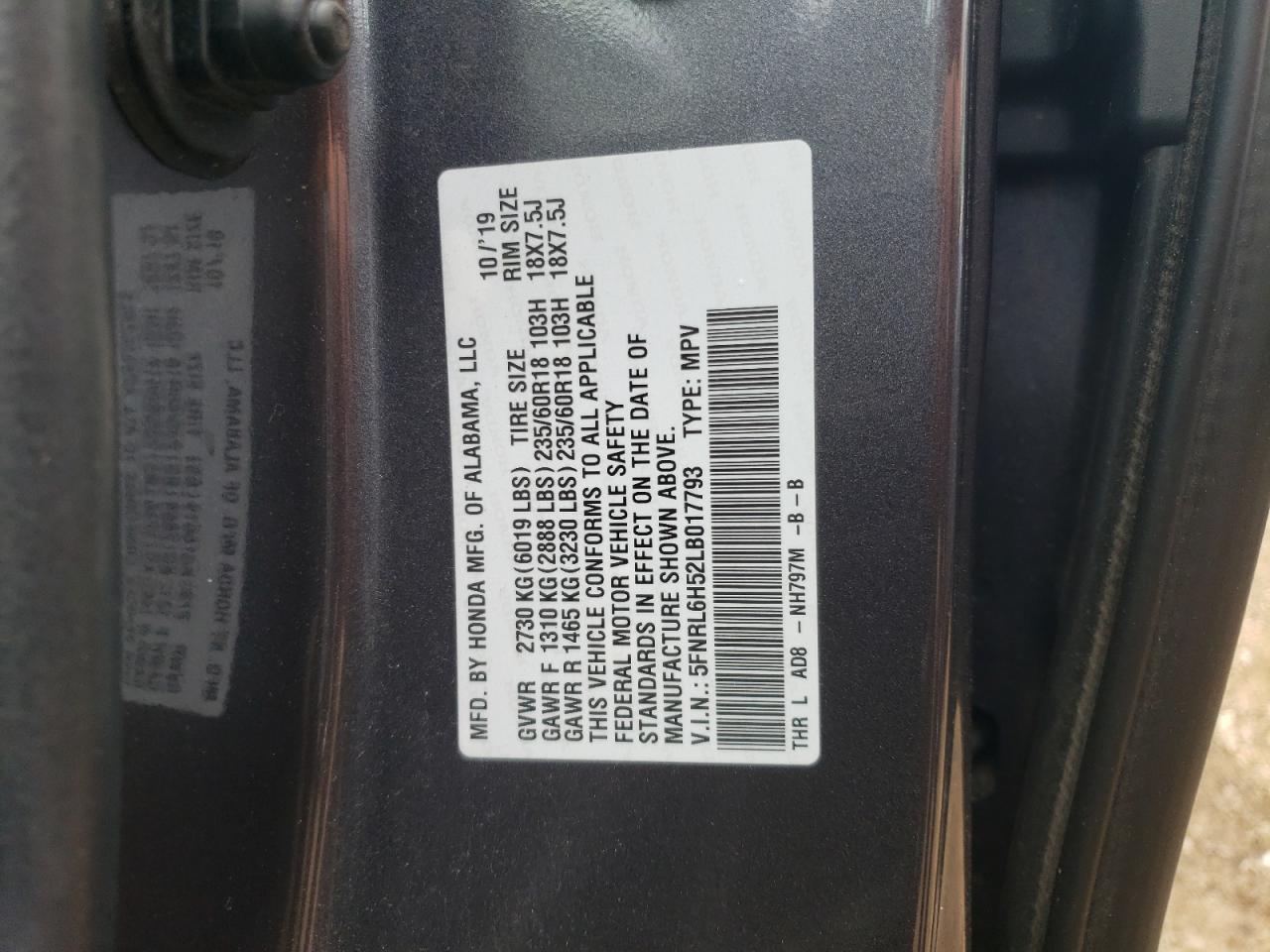 2020 Honda Odyssey Ex VIN: 5FNRL6H52LB017793 Lot: 54384594