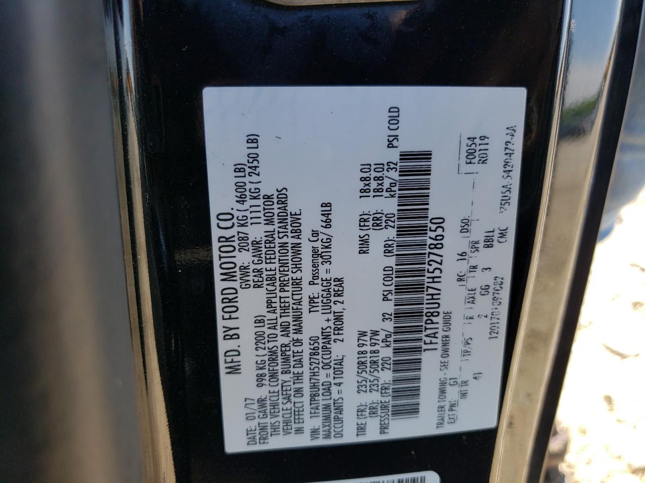 2017 Ford Mustang VIN: 1FATP8UH7H5278650 Lot: 55092014