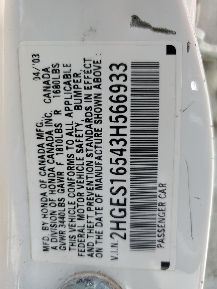 2003 Honda Civic Lx VIN: 2HGES16543H566933 Lot: 56533124