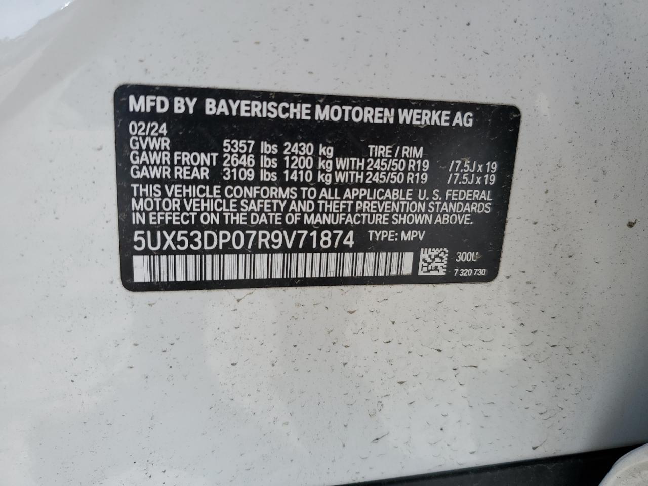 2024 BMW X3 xDrive30I VIN: 5UX53DP07R9V71874 Lot: 56378354