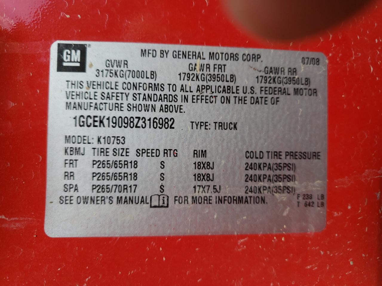 2008 Chevrolet Silverado K1500 VIN: 1GCEK19098Z316982 Lot: 54761924