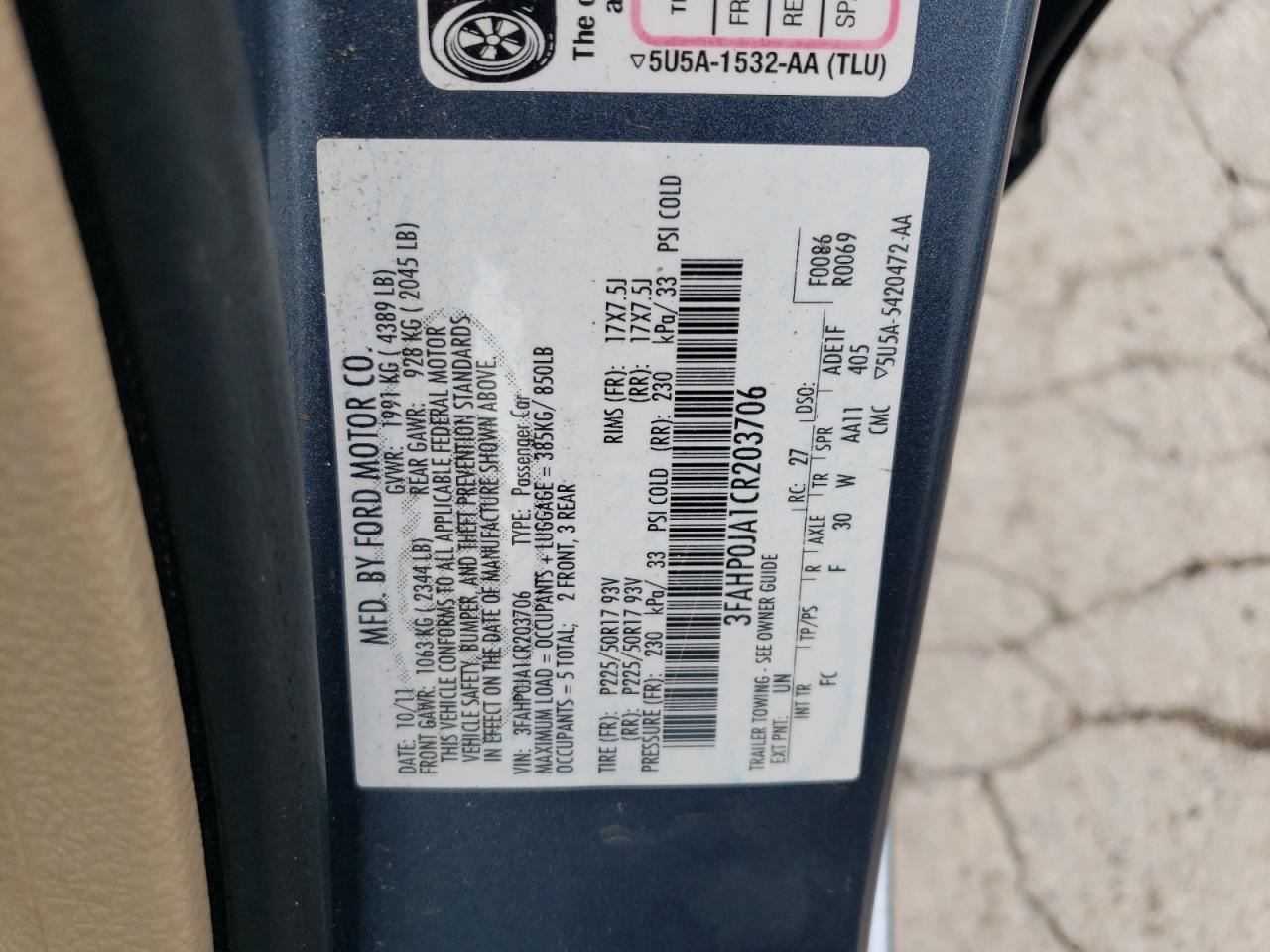 2012 Ford Fusion Sel VIN: 3FAHP0JA1CR203706 Lot: 54683034