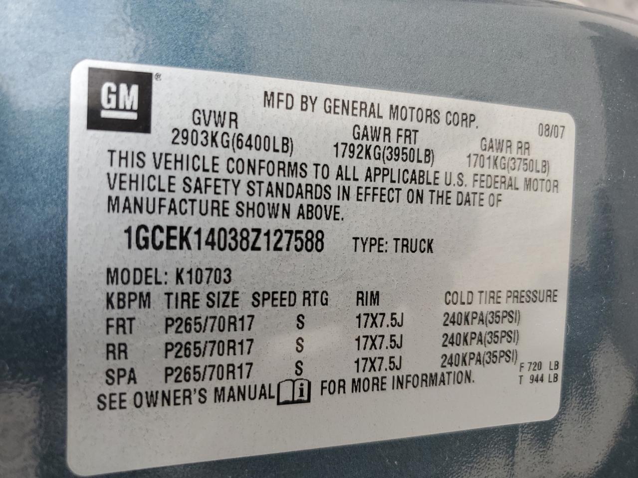 2008 Chevrolet Silverado K1500 VIN: 1GCEK14038Z127588 Lot: 55731374