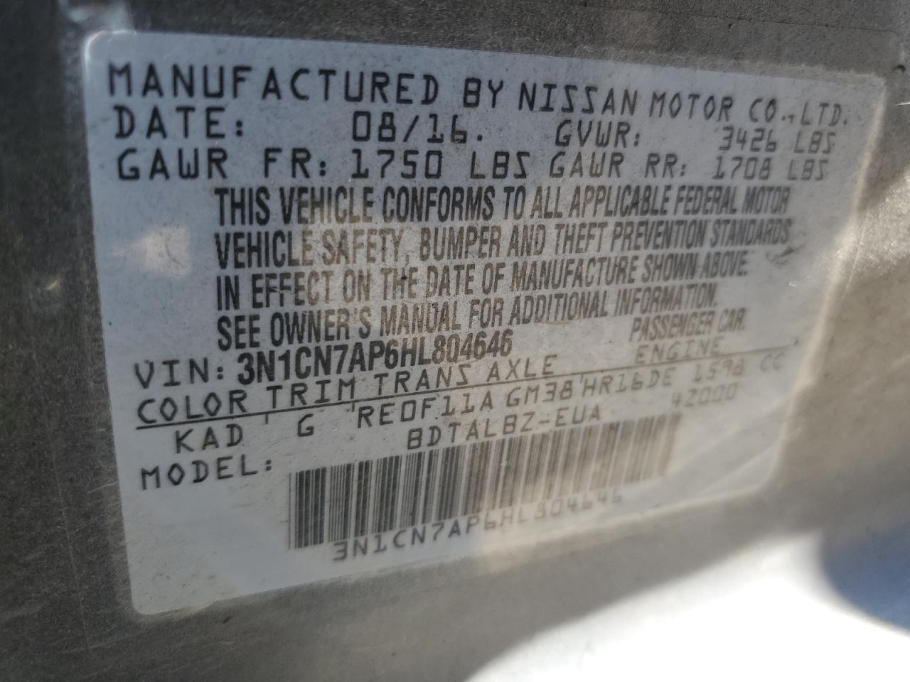 2017 Nissan Versa S VIN: 3N1CN7AP6HL804646 Lot: 52351624