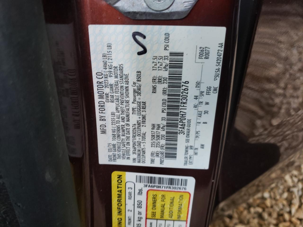 2015 Ford Fusion Se VIN: 3FA6P0H71FR302676 Lot: 54449574