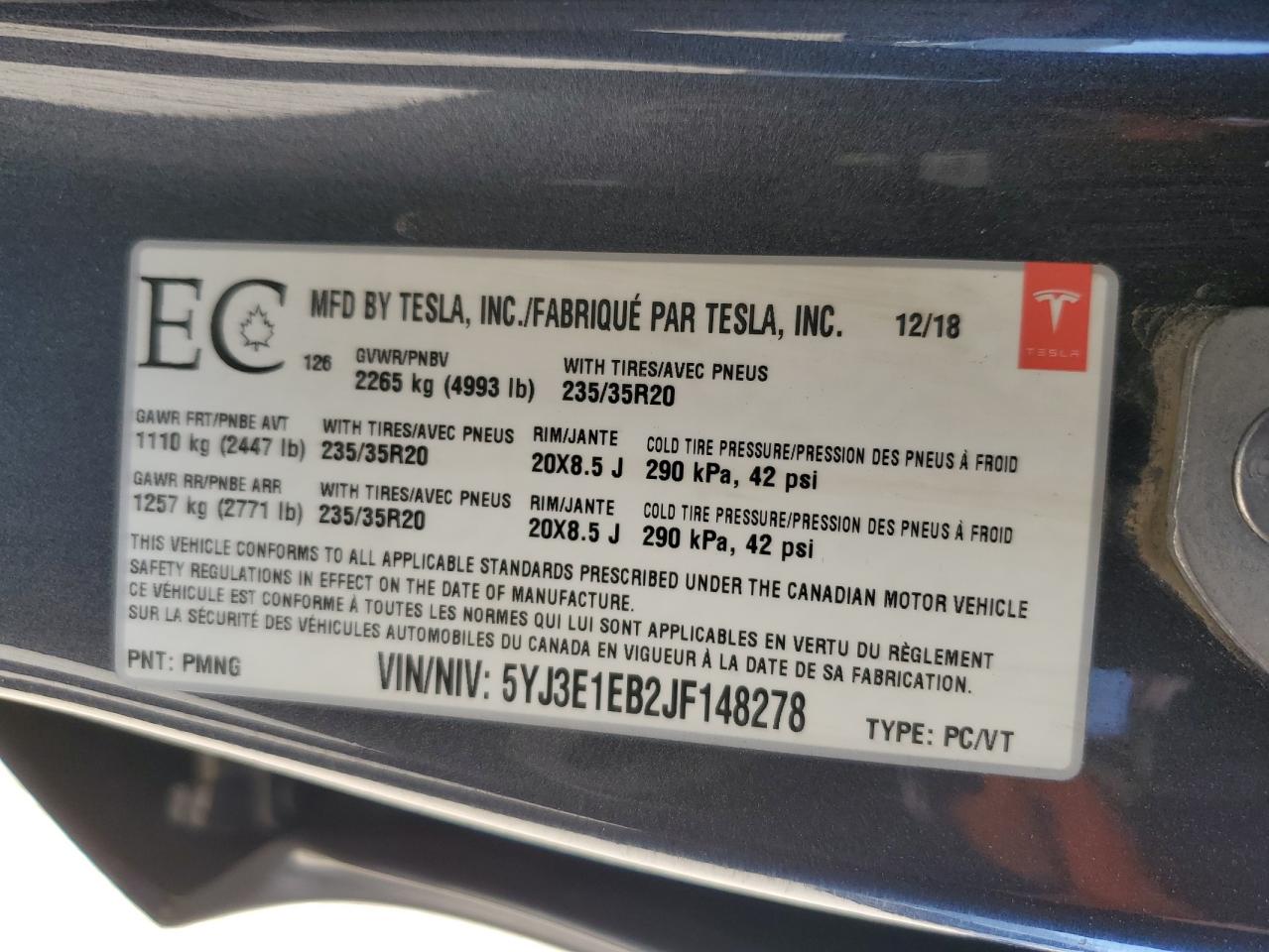 5YJ3E1EB2JF148278 2018 Tesla Model 3