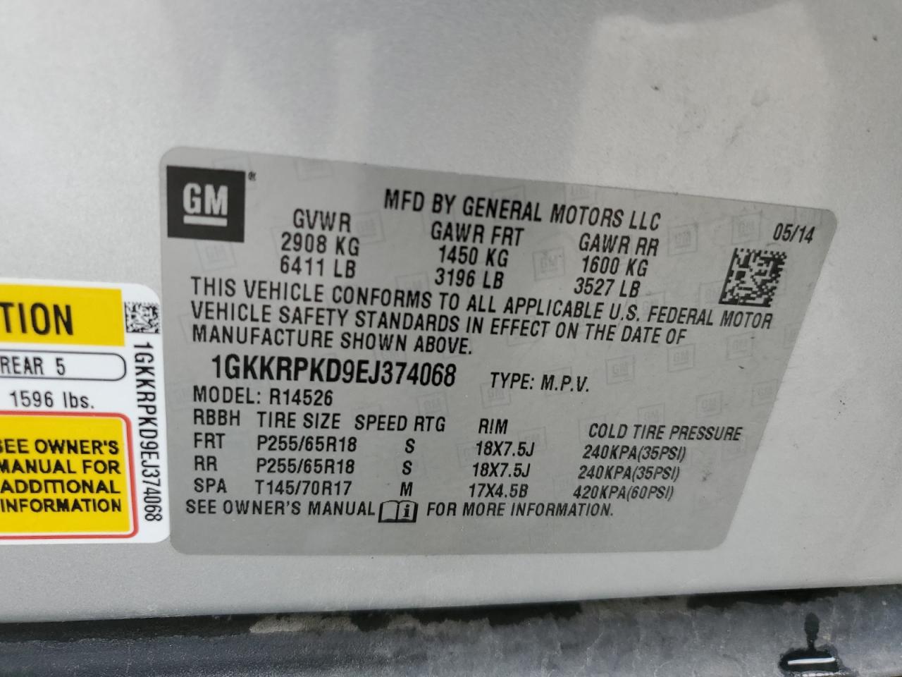 1GKKRPKD9EJ374068 2014 GMC Acadia Sle