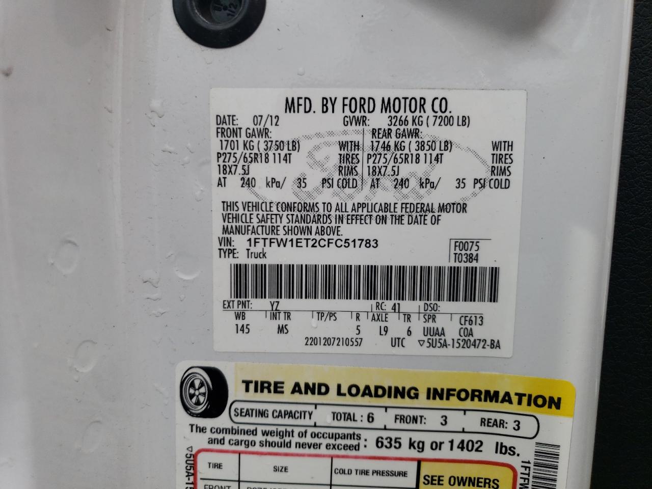 2012 Ford F150 Supercrew VIN: 1FTFW1ET2CFC51783 Lot: 55004554