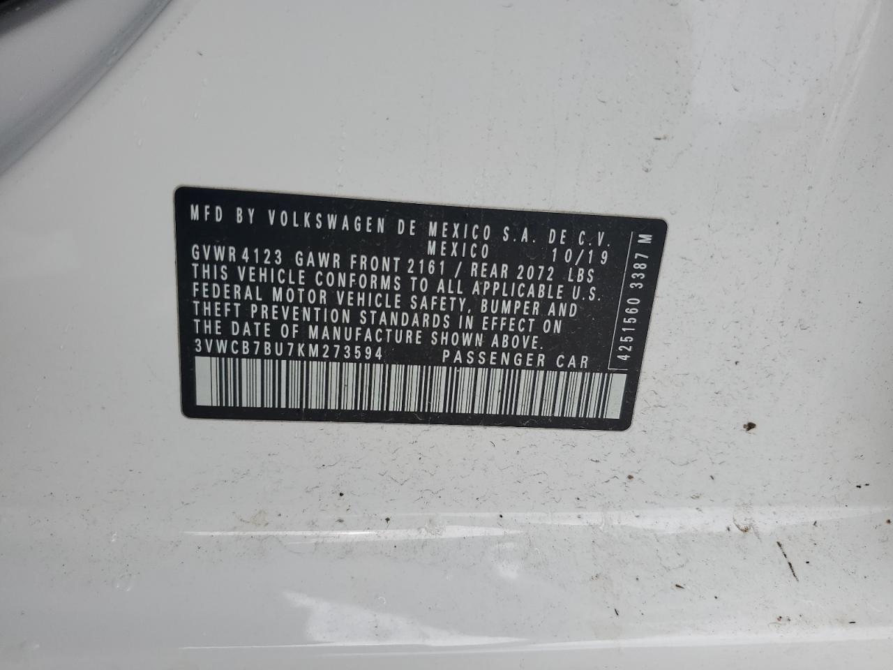 2019 Volkswagen Jetta S VIN: 3VWCB7BU7KM273594 Lot: 54268134