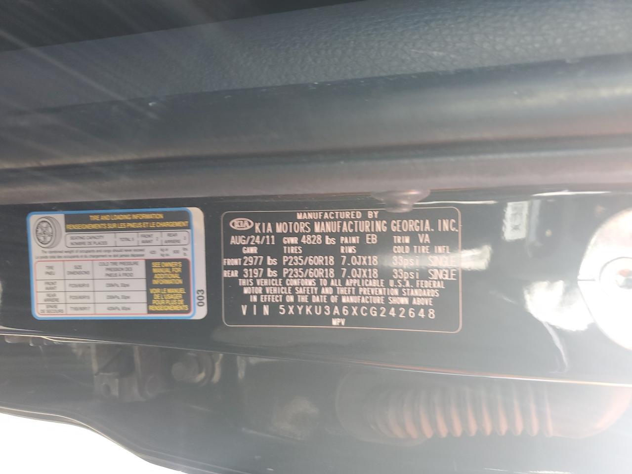 2012 Kia Sorento Ex VIN: 5XYKU3A6XCG242648 Lot: 56041684