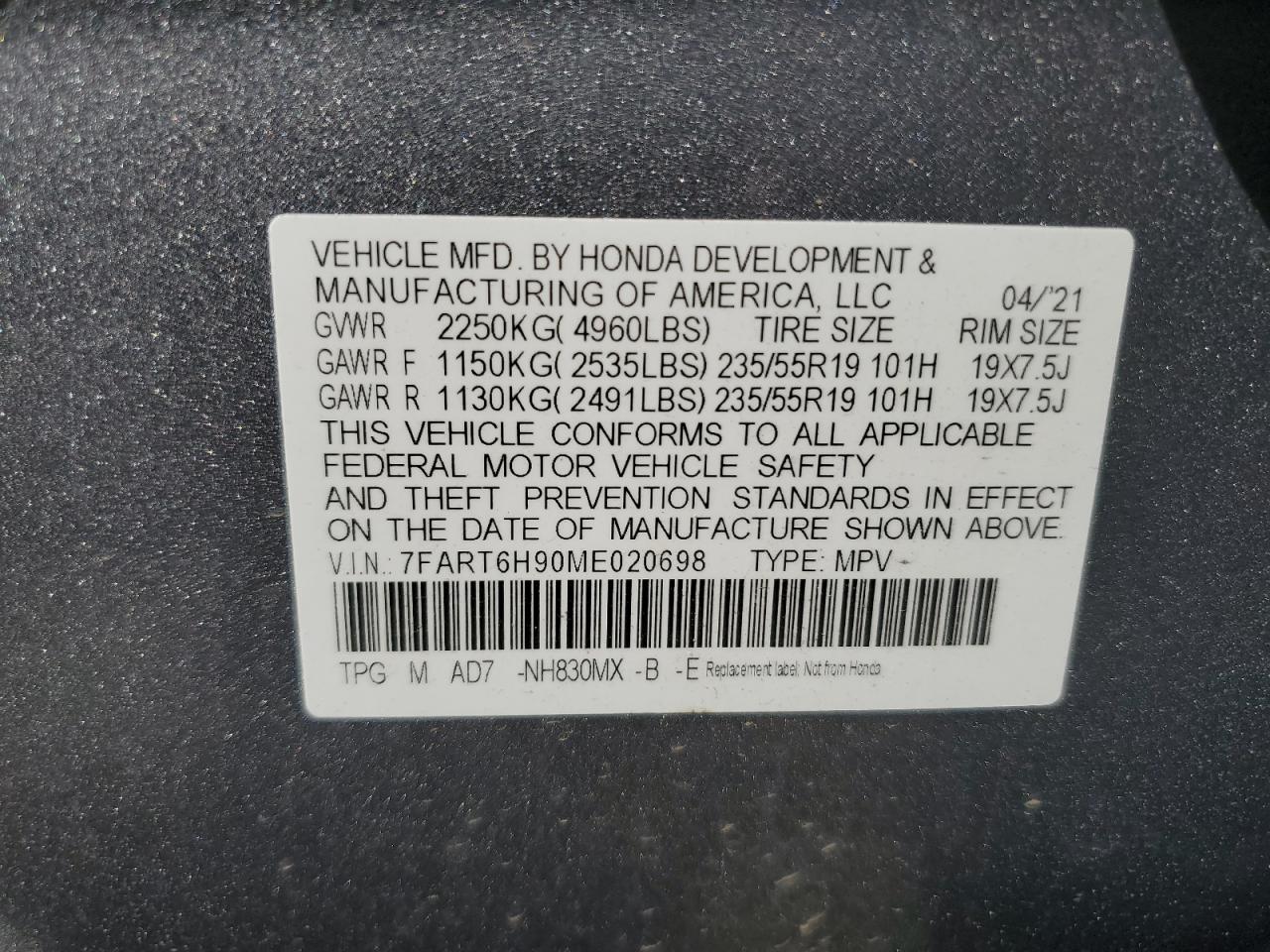 VIN 7FART6H90ME020698 2021 HONDA CRV no.13