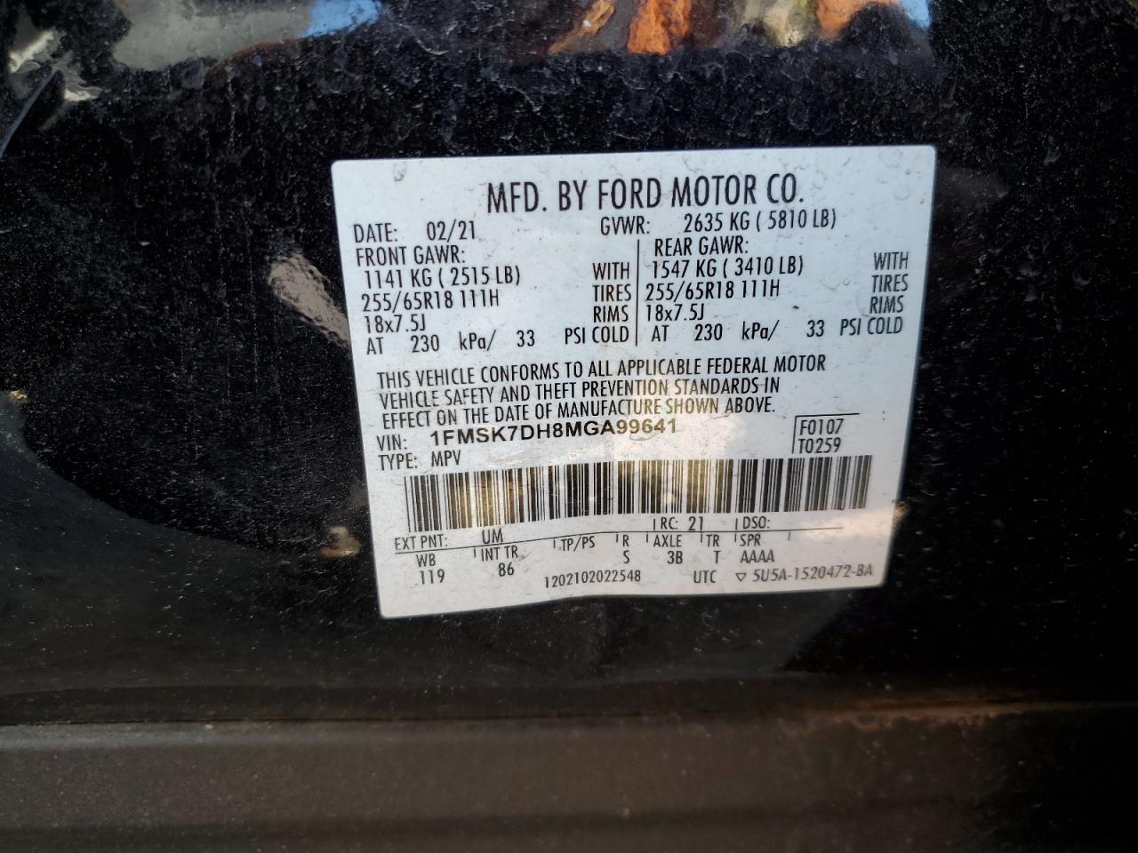 2021 Ford Explorer Xlt VIN: 1FMSK7DH8MGA99641 Lot: 56905704