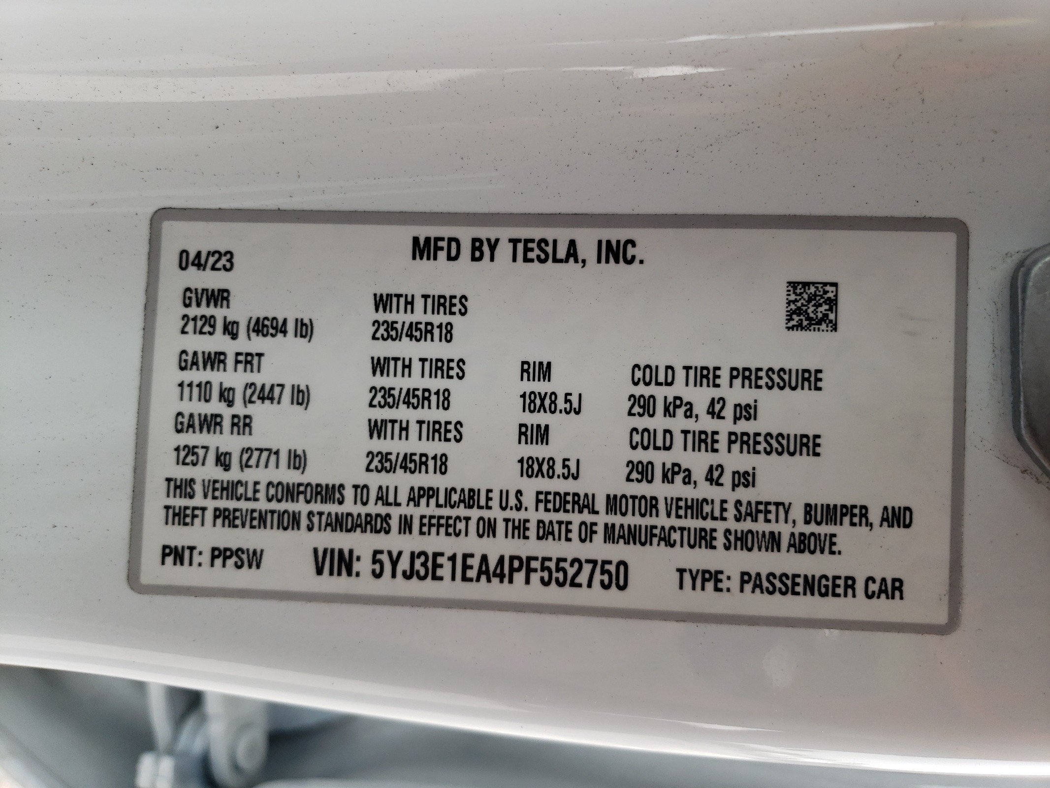 5YJ3E1EA4PF552750 2023 Tesla Model 3