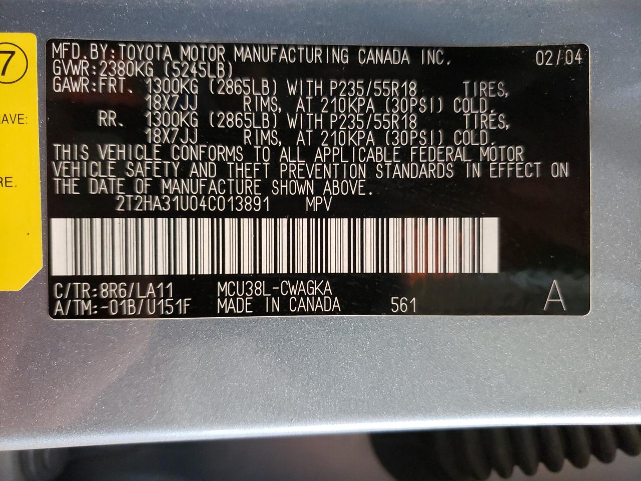 2004 Lexus Rx 330 VIN: 2T2HA31U04C013891 Lot: 56144644