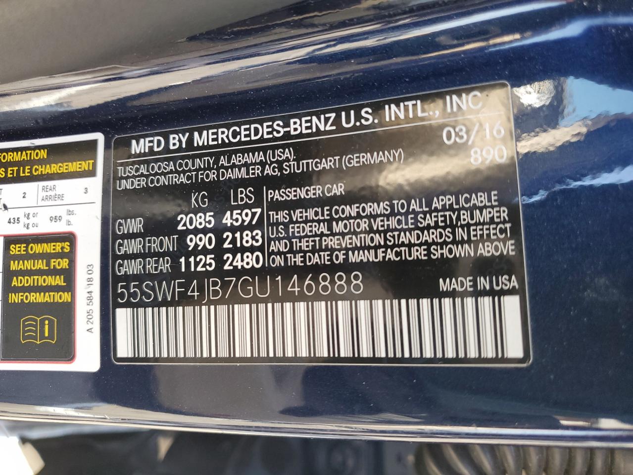 2016 Mercedes-Benz C 300 VIN: 55SWF4JB7GU146888 Lot: 53676774