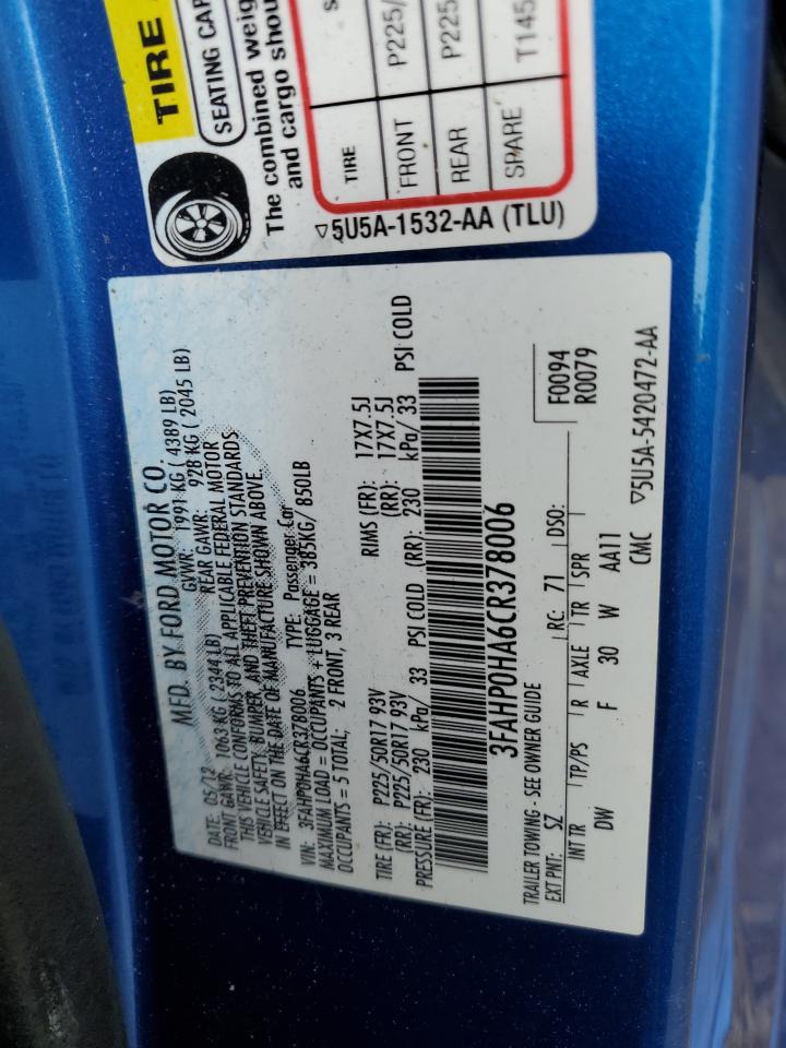 2012 Ford Fusion Se VIN: 3FAHP0HA6CR378006 Lot: 53645944