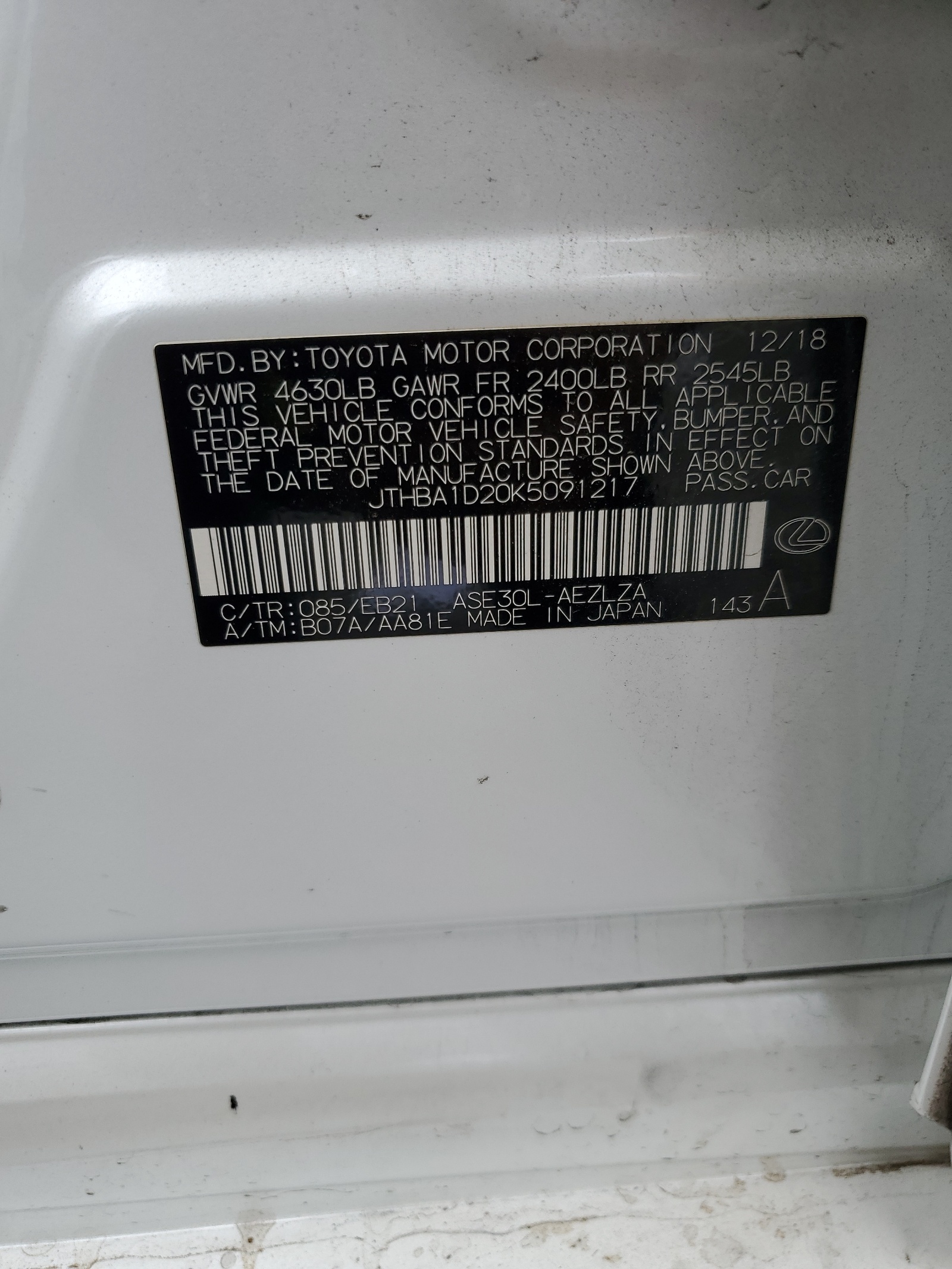 JTHBA1D20K5091217 2019 Lexus Is 300