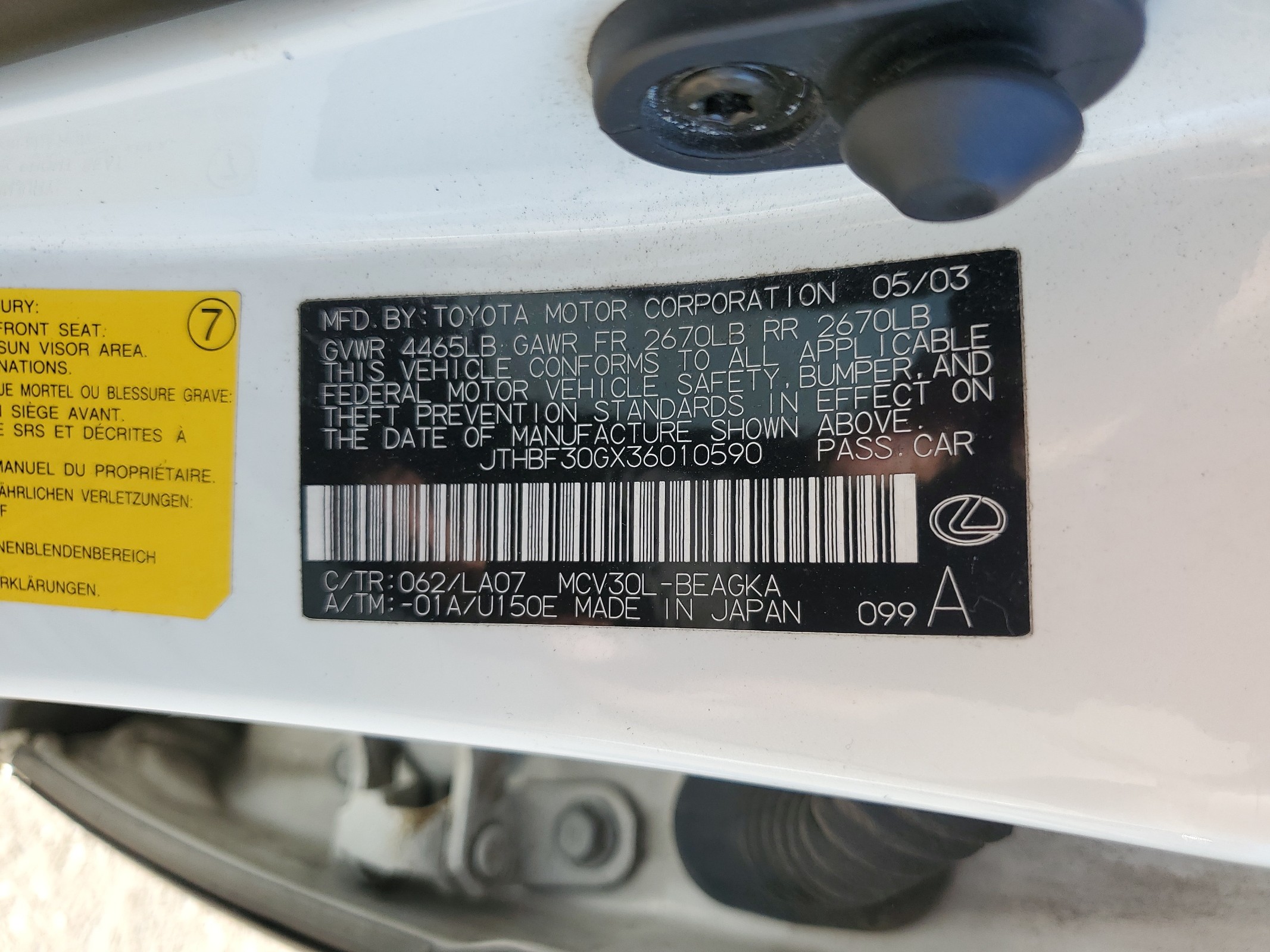 JTHBF30GX36010590 2003 Lexus Es 300