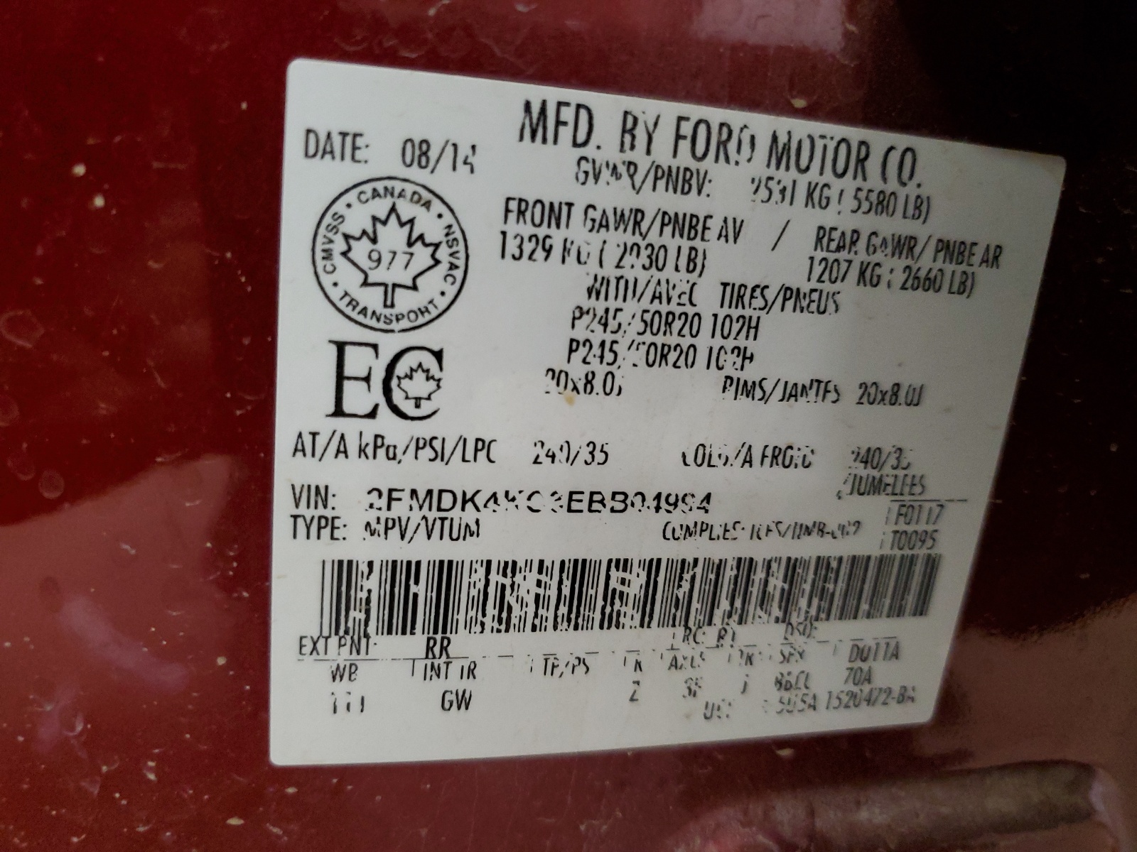 2FMDK4KC3EBB04994 2014 Ford Edge Limited