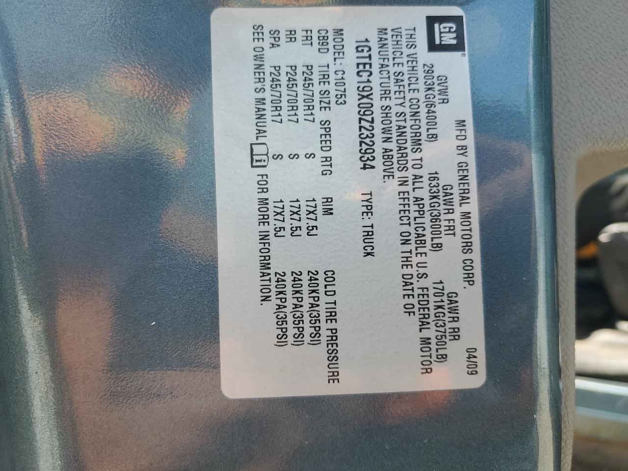 2009 GMC Sierra C1500 VIN: 1GTEC19X09Z232934 Lot: 56288154