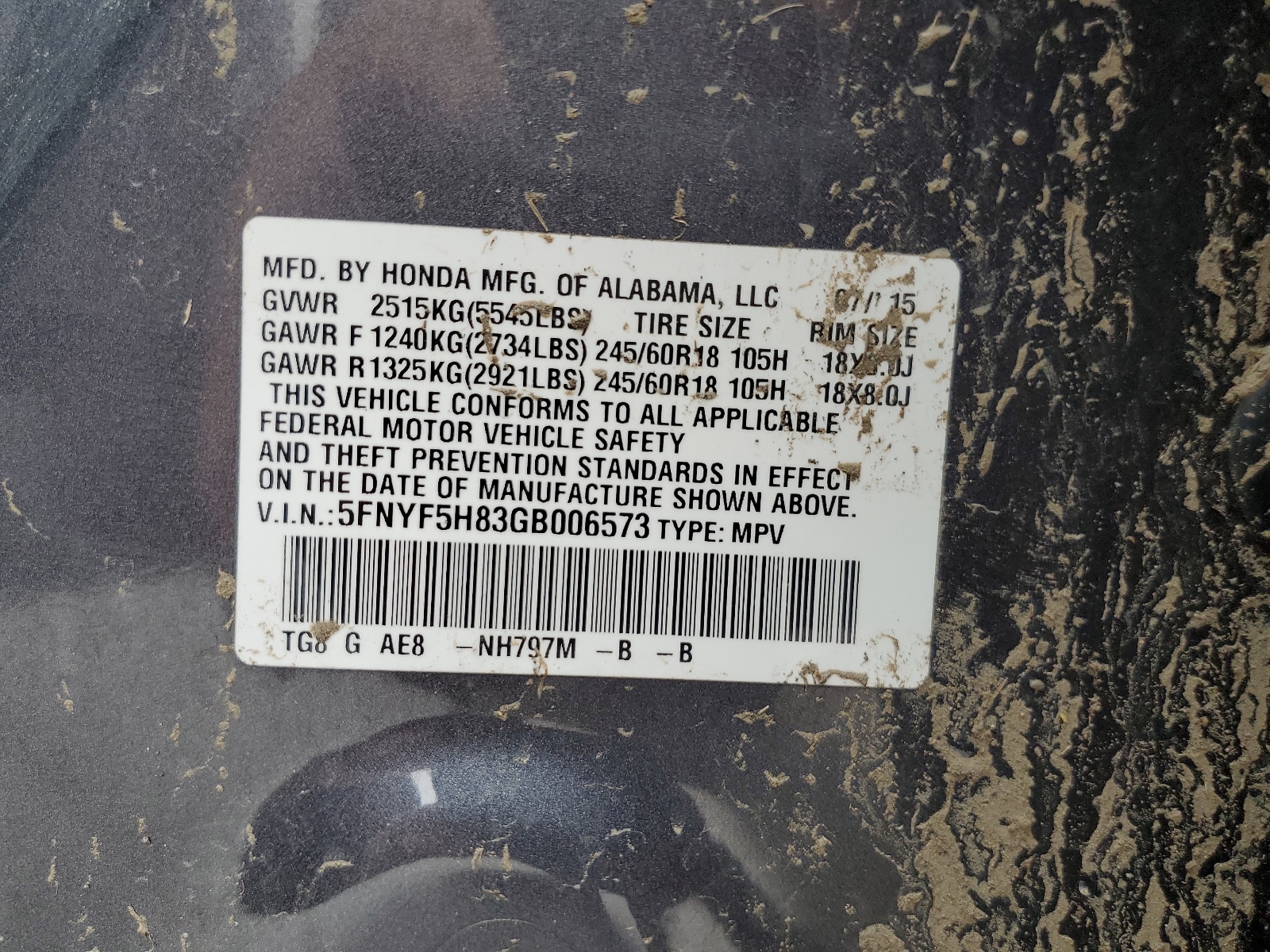 5FNYF5H83GB006573 2016 Honda Pilot Exl