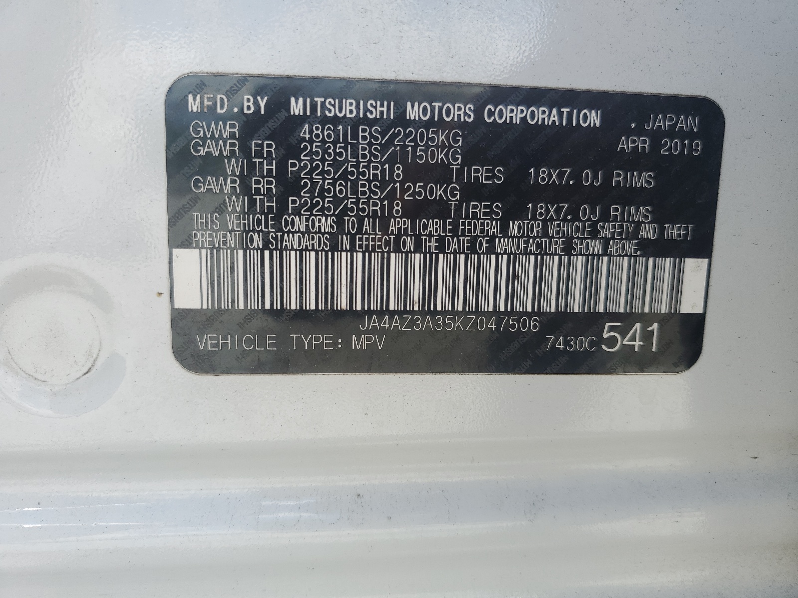 JA4AZ3A35KZ047506 2019 Mitsubishi Outlander Se