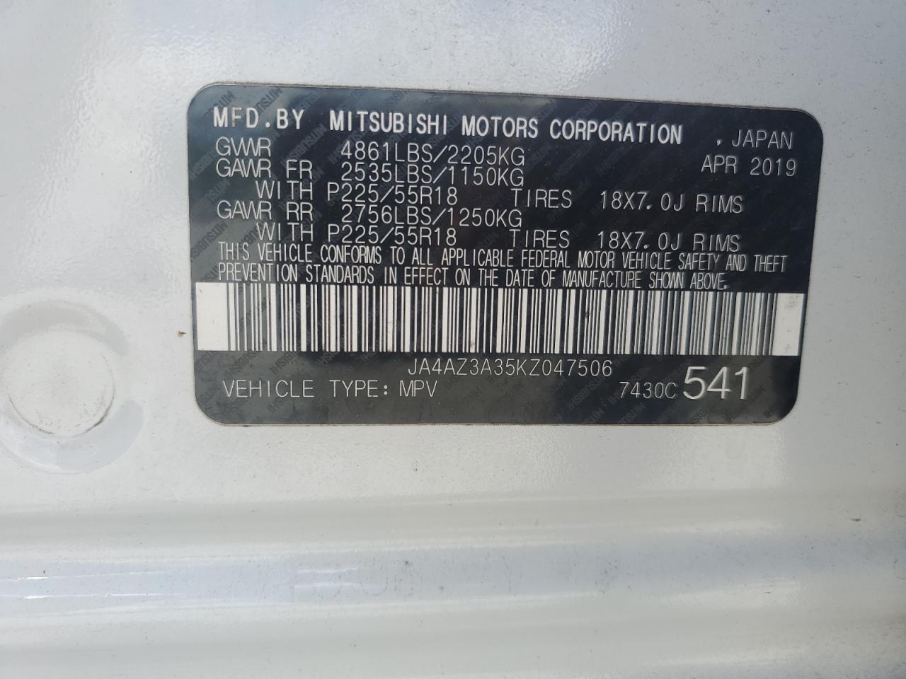 2019 Mitsubishi Outlander Se VIN: JA4AZ3A35KZ047506 Lot: 54648234
