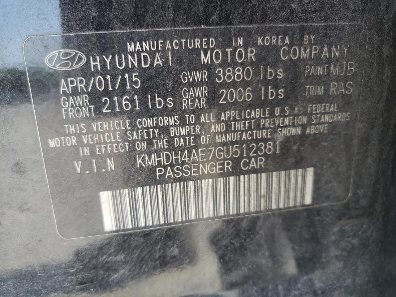 KMHDH4AE7GU512381 2016 Hyundai Elantra Se