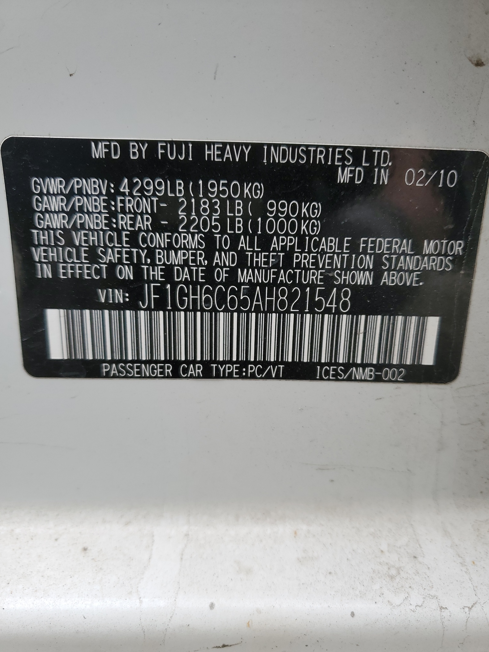 JF1GH6C65AH821548 2010 Subaru Impreza 2.5I