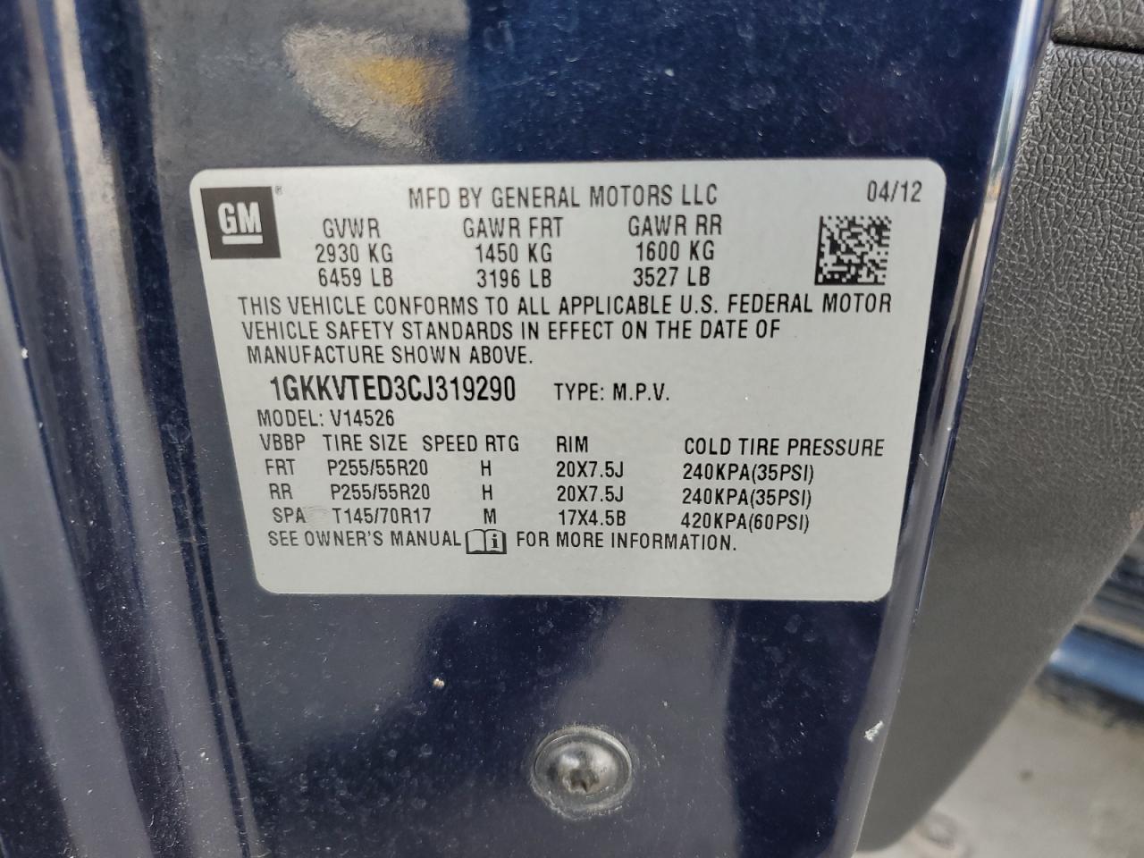 2012 GMC Acadia Denali VIN: 1GKKVTED3CJ319290 Lot: 55167974