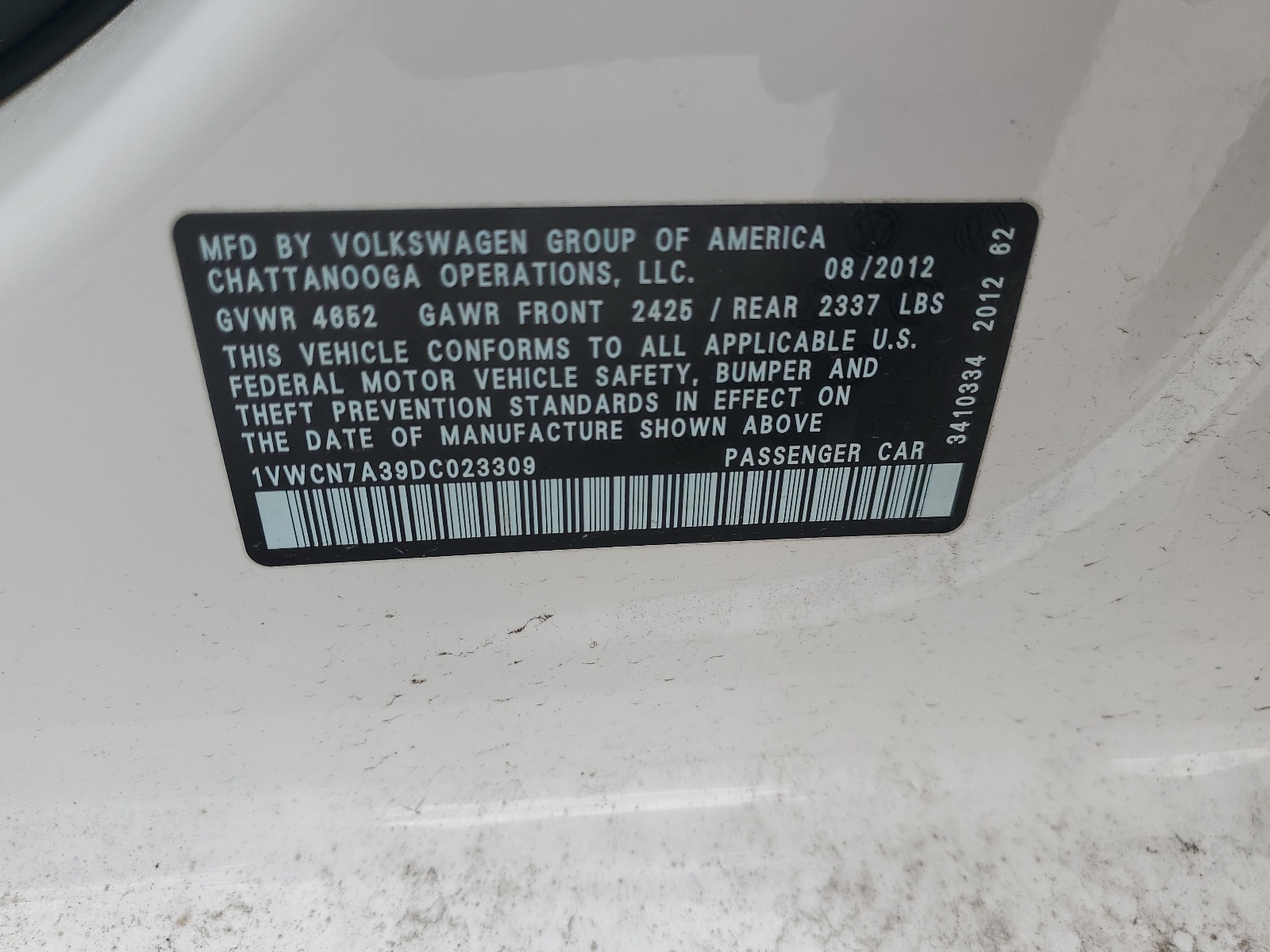 1VWCN7A39DC023309 2013 Volkswagen Passat Sel