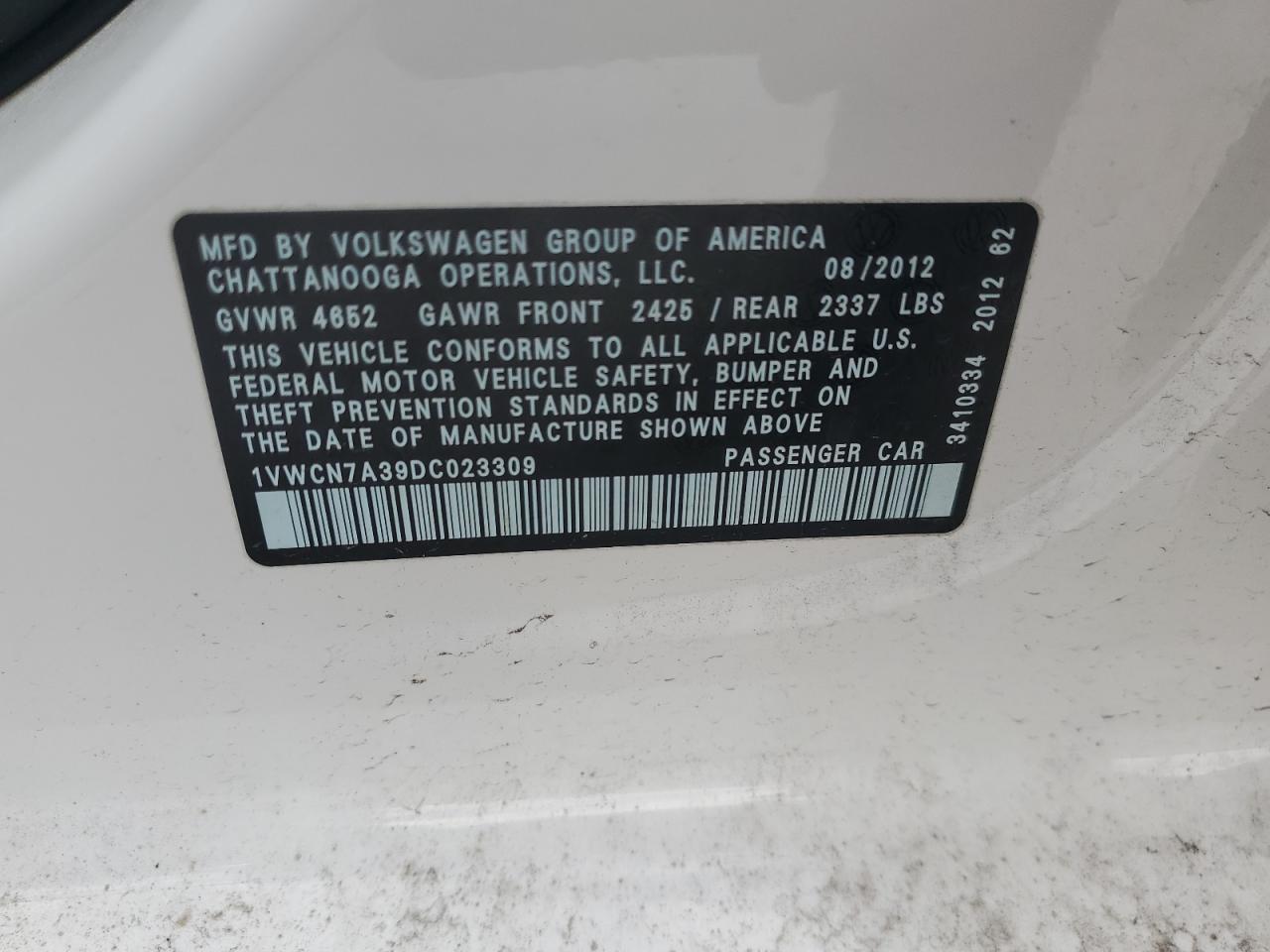 2013 Volkswagen Passat Sel VIN: 1VWCN7A39DC023309 Lot: 55087154