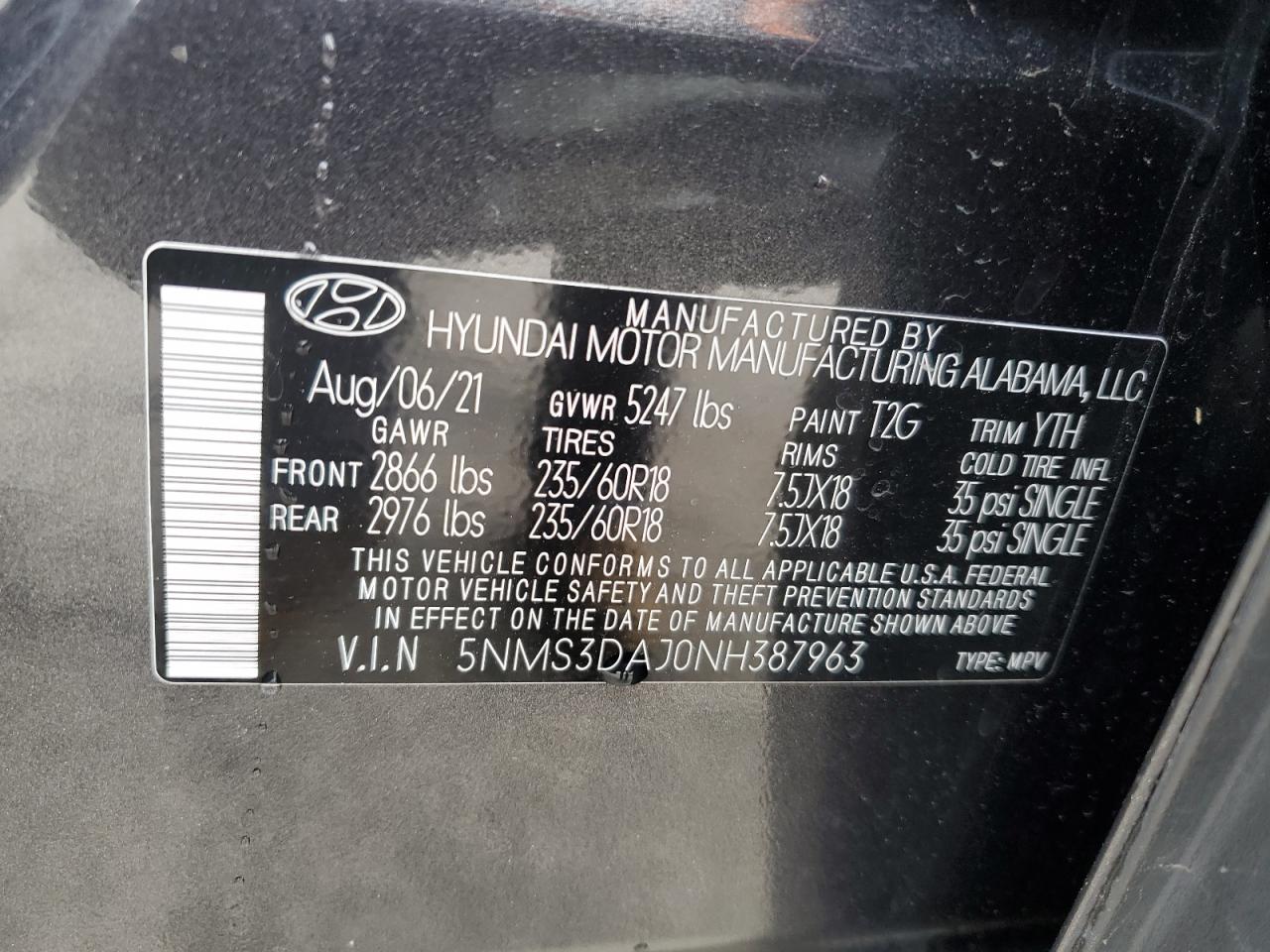 2022 Hyundai Santa Fe Sel VIN: 5NMS3DAJ0NH387963 Lot: 55993464