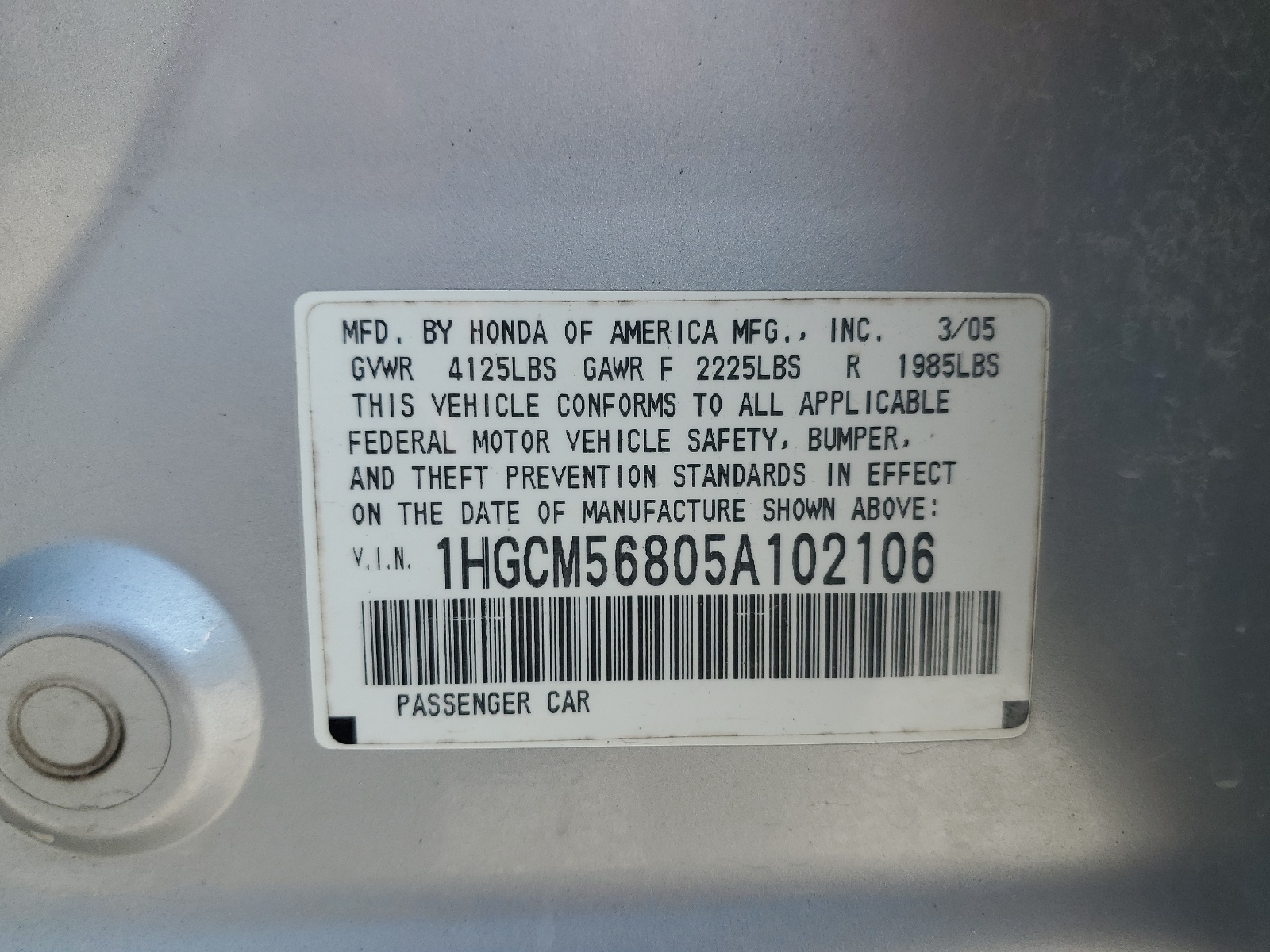 1HGCM56805A102106 2005 Honda Accord Ex