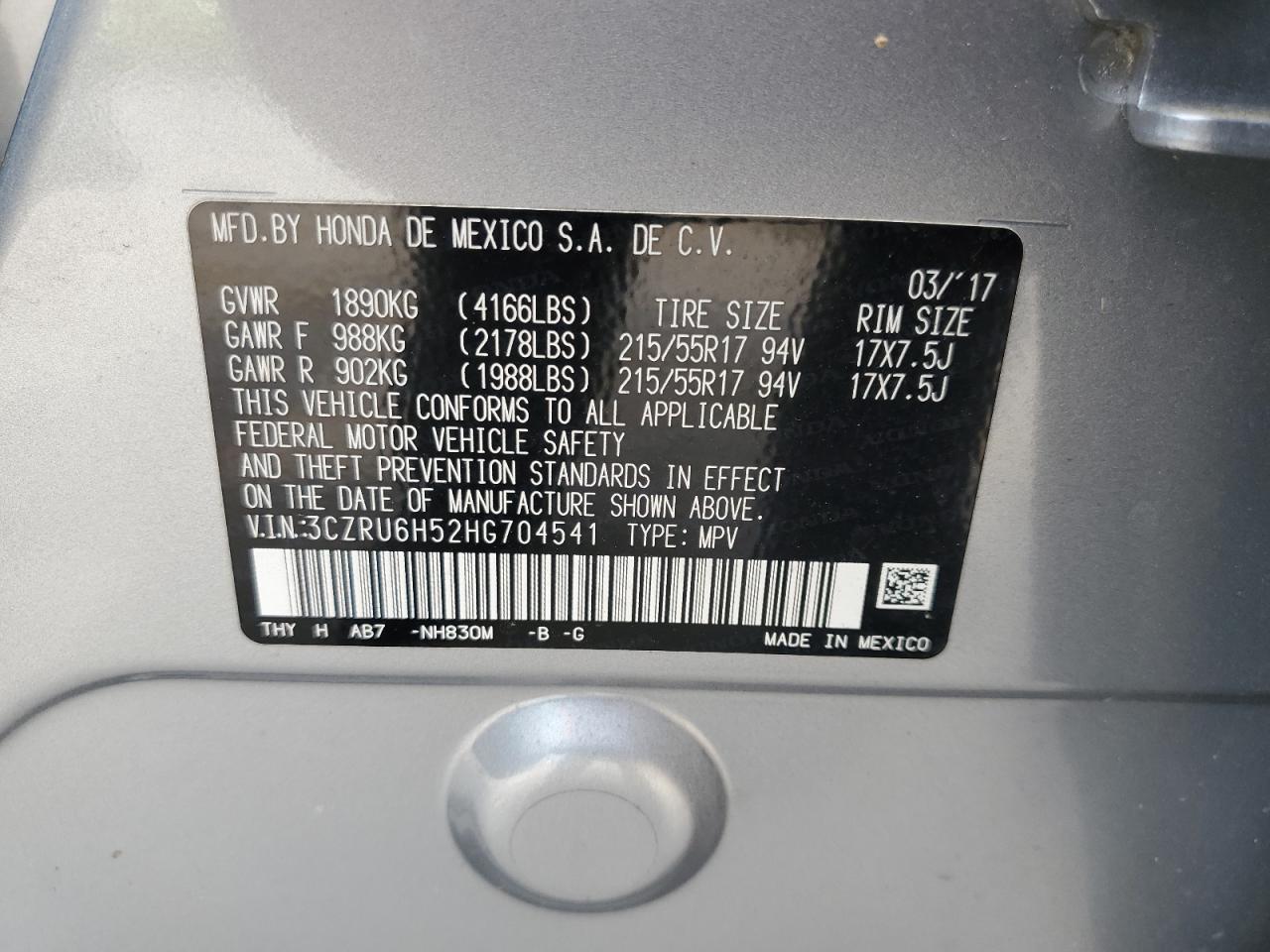 2017 Honda Hr-V Ex VIN: 3CZRU6H52HG704541 Lot: 56460164