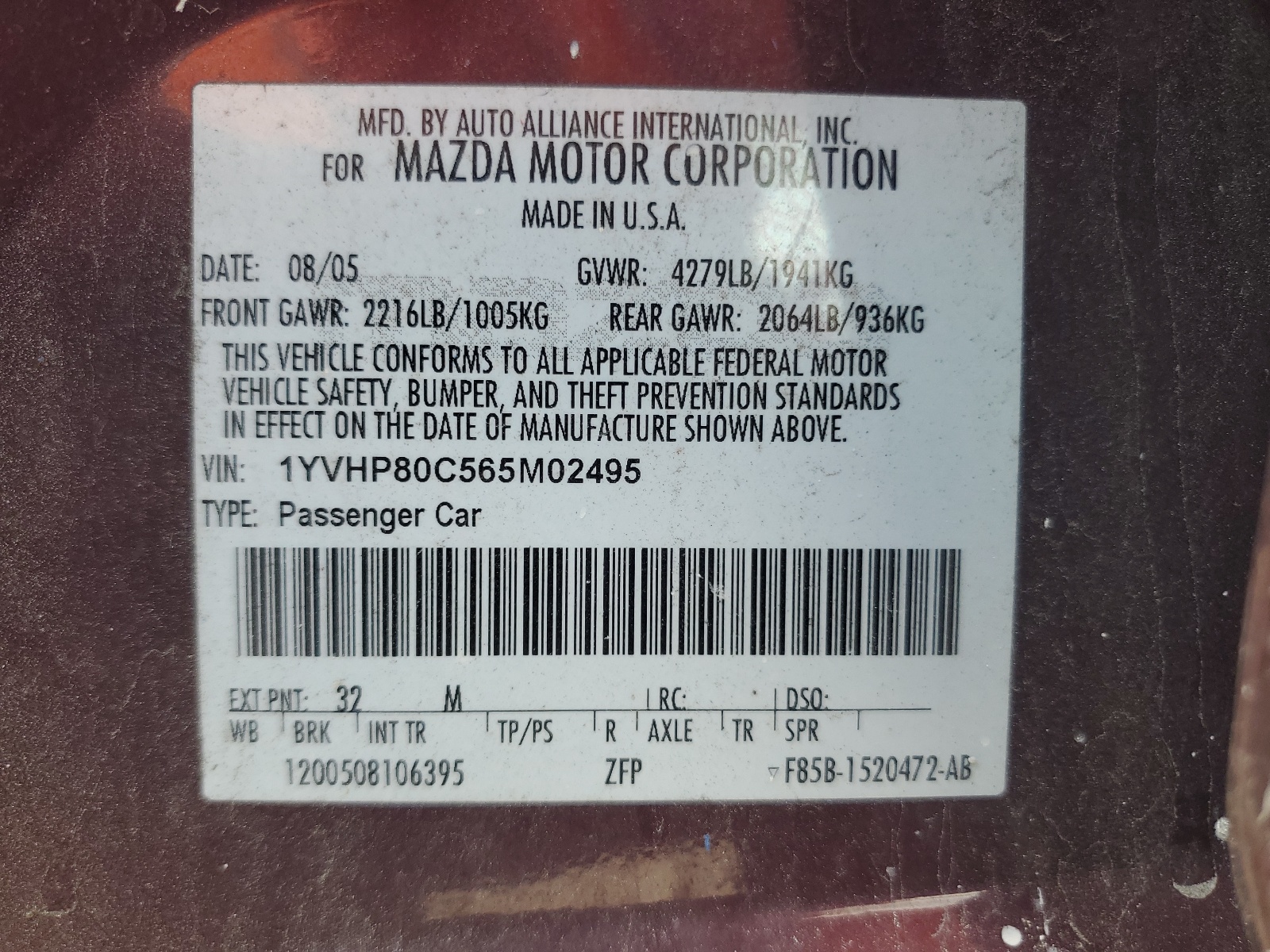 1YVHP80C565M02495 2006 Mazda 6 I