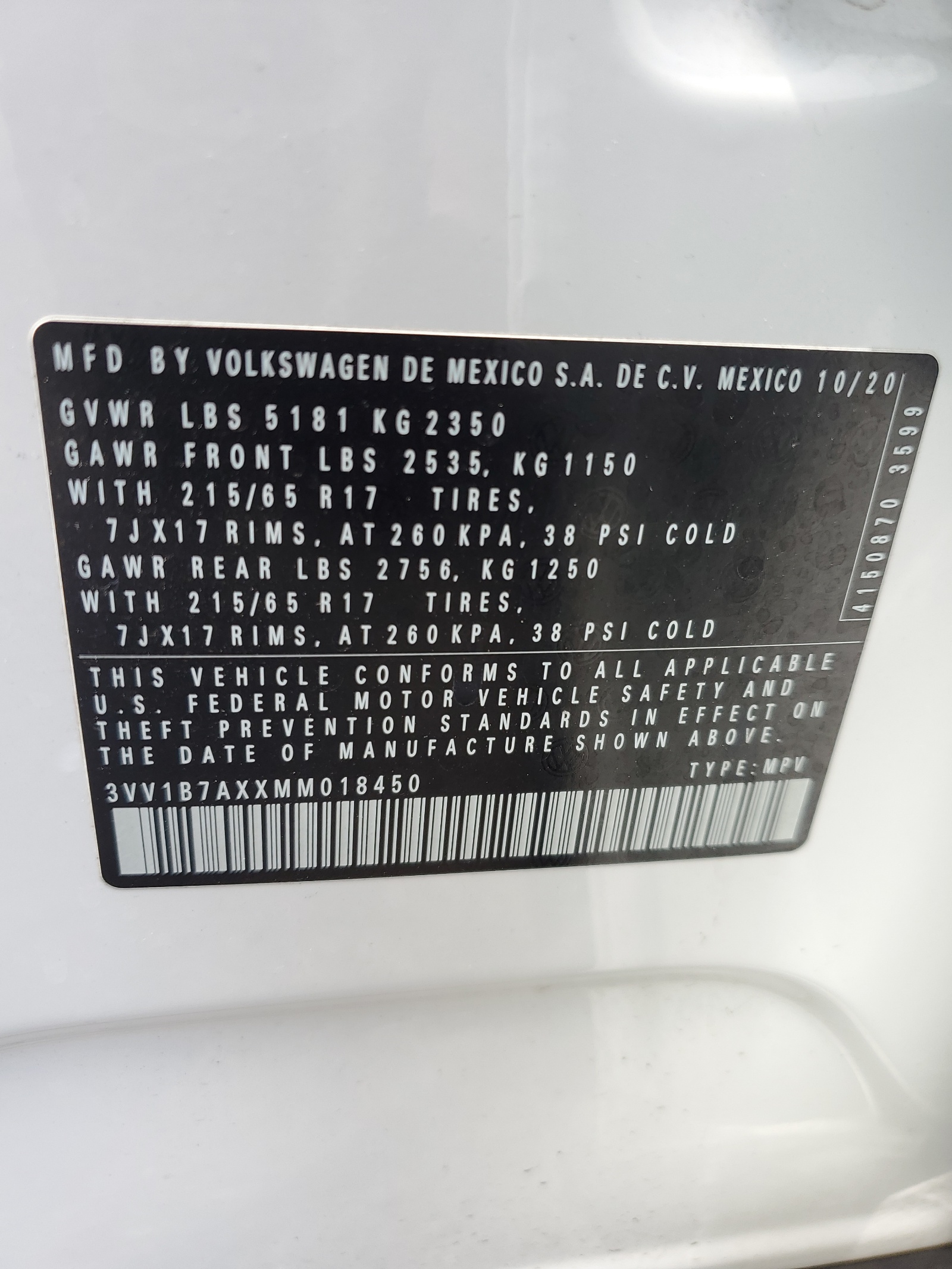 3VV1B7AXXMM018450 2021 Volkswagen Tiguan S