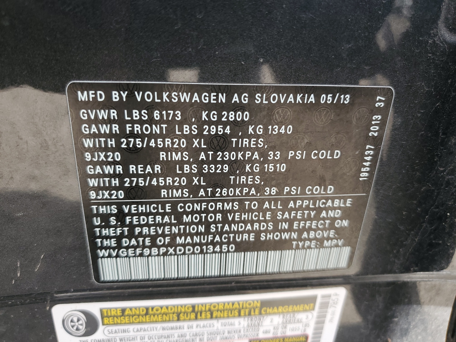 WVGEF9BPXDD013450 2013 Volkswagen Touareg V6