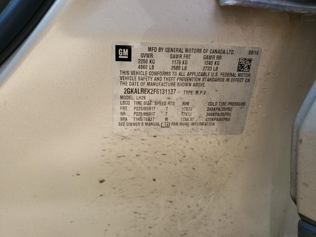 2015 GMC Terrain Sle VIN: 2GKALREK2F6131137 Lot: 55505964