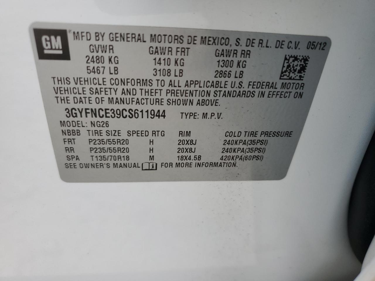 2012 Cadillac Srx Premium Collection VIN: 3GYFNCE39CS611944 Lot: 55394324