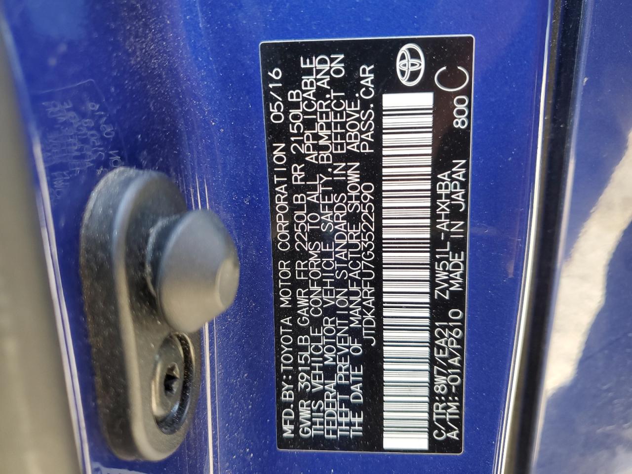 2016 Toyota Prius VIN: JTDKARFU7G3522590 Lot: 53524964