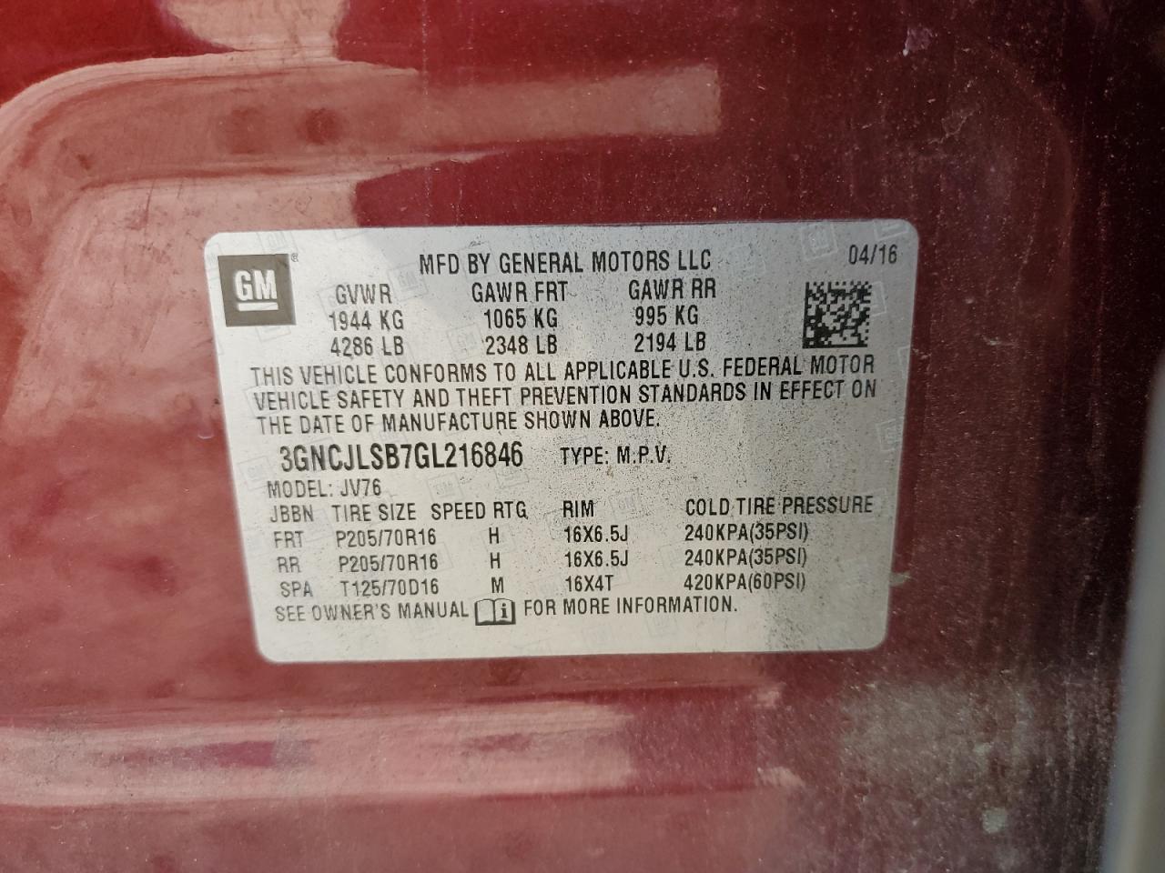 2016 Chevrolet Trax 1Lt VIN: 3GNCJLSB7GL216846 Lot: 55394774